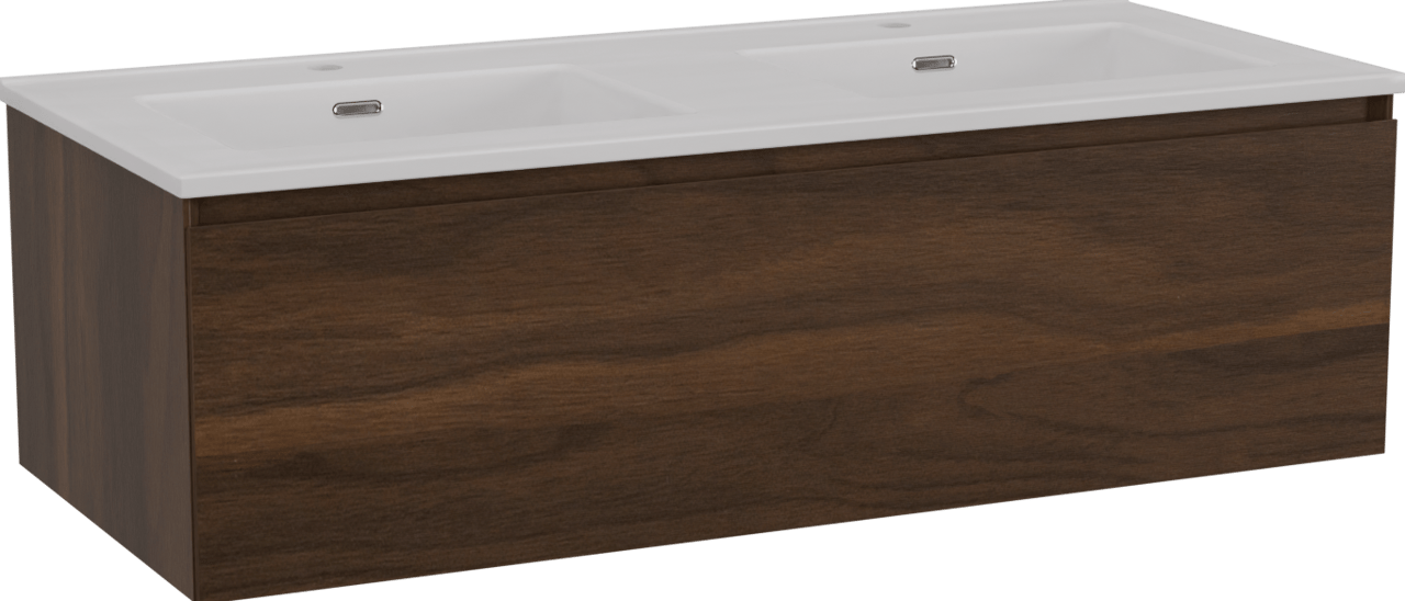 Storke Edge meuble salle de bains suspendu 120 x 52 cm noyer avec Kera double vasque en céramique blanc brillant