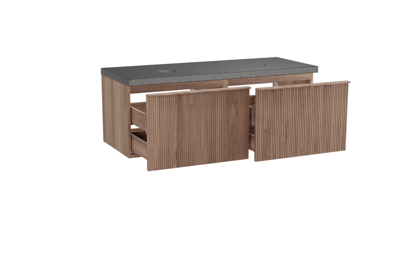 Balmani Forma hängendes Möbelstück Set: 135 x 55 cm, Teak, mit Rock Doppel Waschtischplatte, Granit, Schwarzes Granit, Vertikale symmetrische gerade Rippe