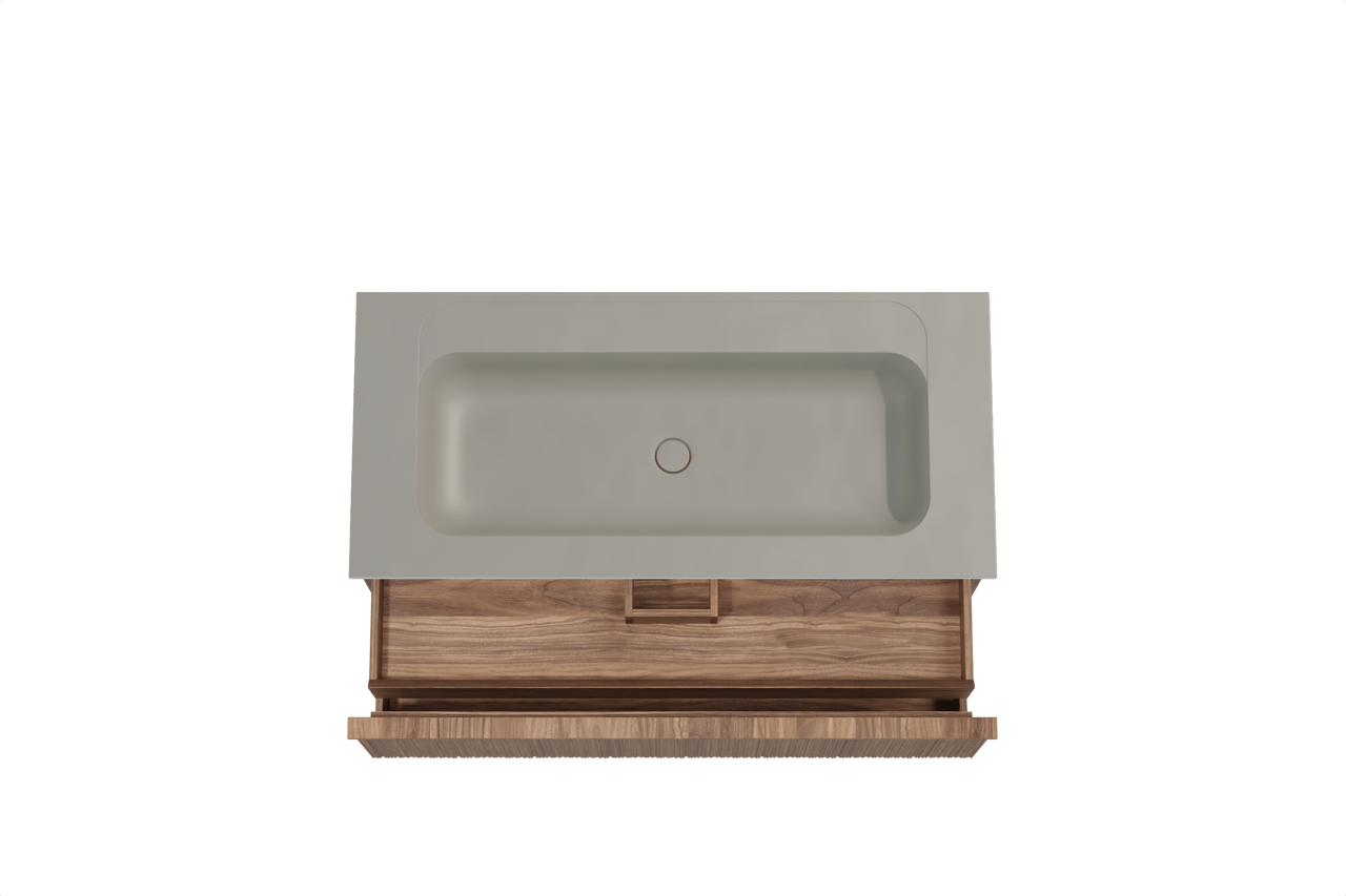 Balmani Forma hängendes Möbelstück Set: 120 x 55 cm, Amerikanischer Nussbaum, mit Tablo Strada Einzelwaschtisch für 2 Armaturenlöcher, Marmorkomposit, Seidengrau, Vertikale asymmetrische Runde Rippe