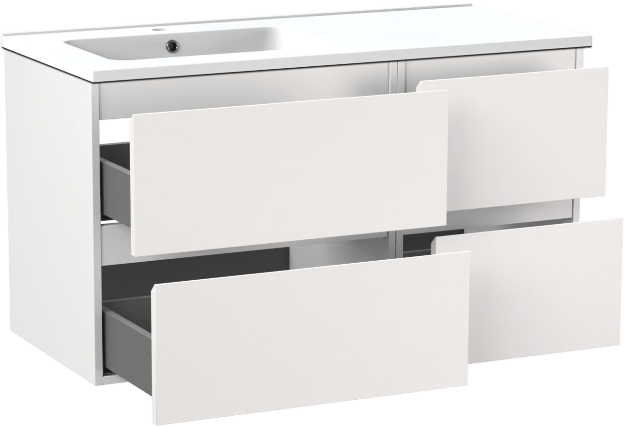 Linie Lado meuble salle de bains suspendu 100 x 46 cm blanc mat avec Vano plan vasque asymétrique à gauche en marbre composite blanc mat