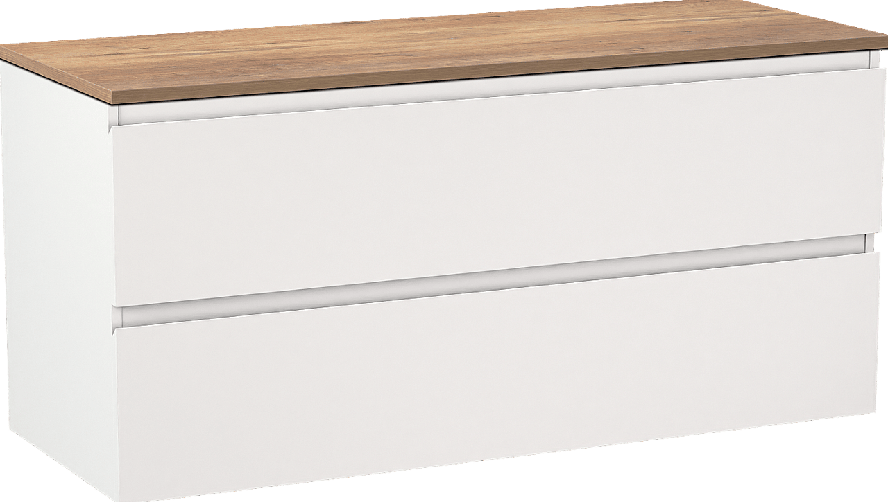 Linie Lado hängendes Möbelstück Set: 120 x 46 cm, Weiß matt, mit Lado Einzel- oder Doppel Waschtischplatte, Melamin Naturbelassene Eiche