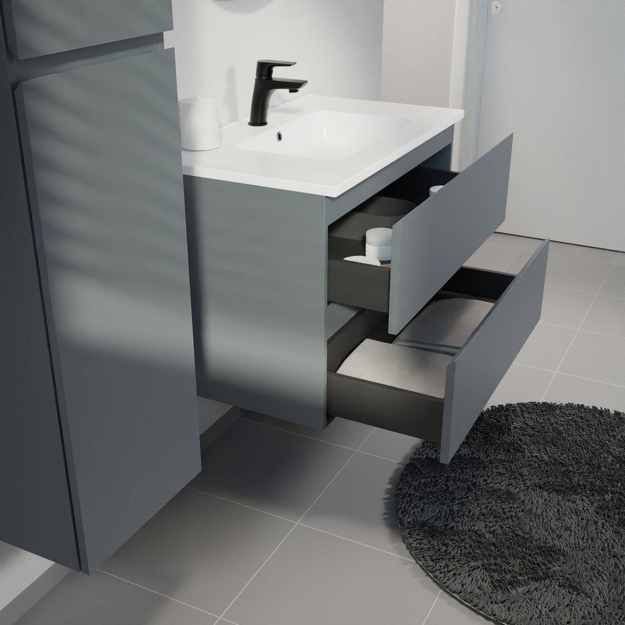 Linie Lado meuble salle de bains suspendu 80 x 46 cm bleu anthracite avec Vano plan simple en marbre composite blanc mat