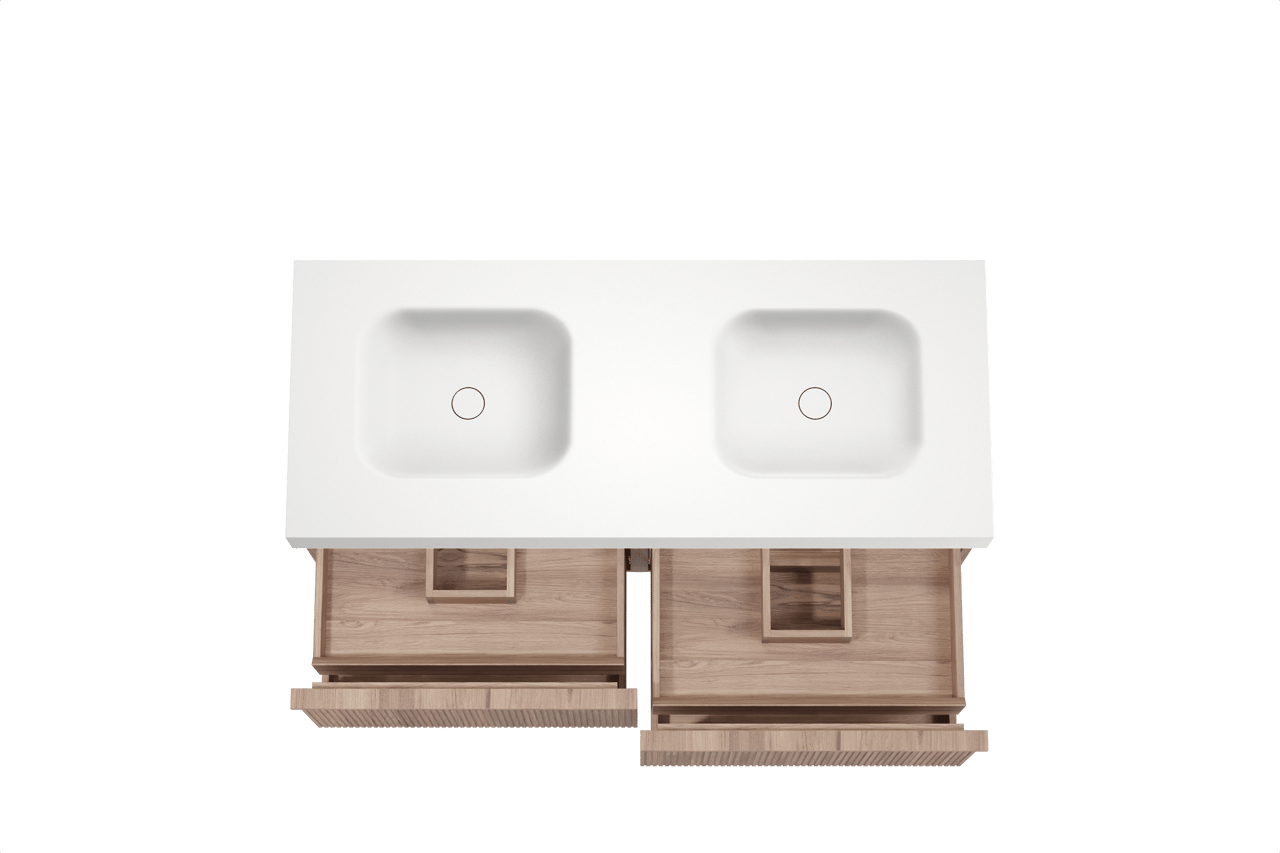 Balmani Forma zwevend badkamermeubel 135 x 55 cm teak met Arcato dubbele wastafel in solid surface mat wit, Verticale symmetrische rechte ribbel