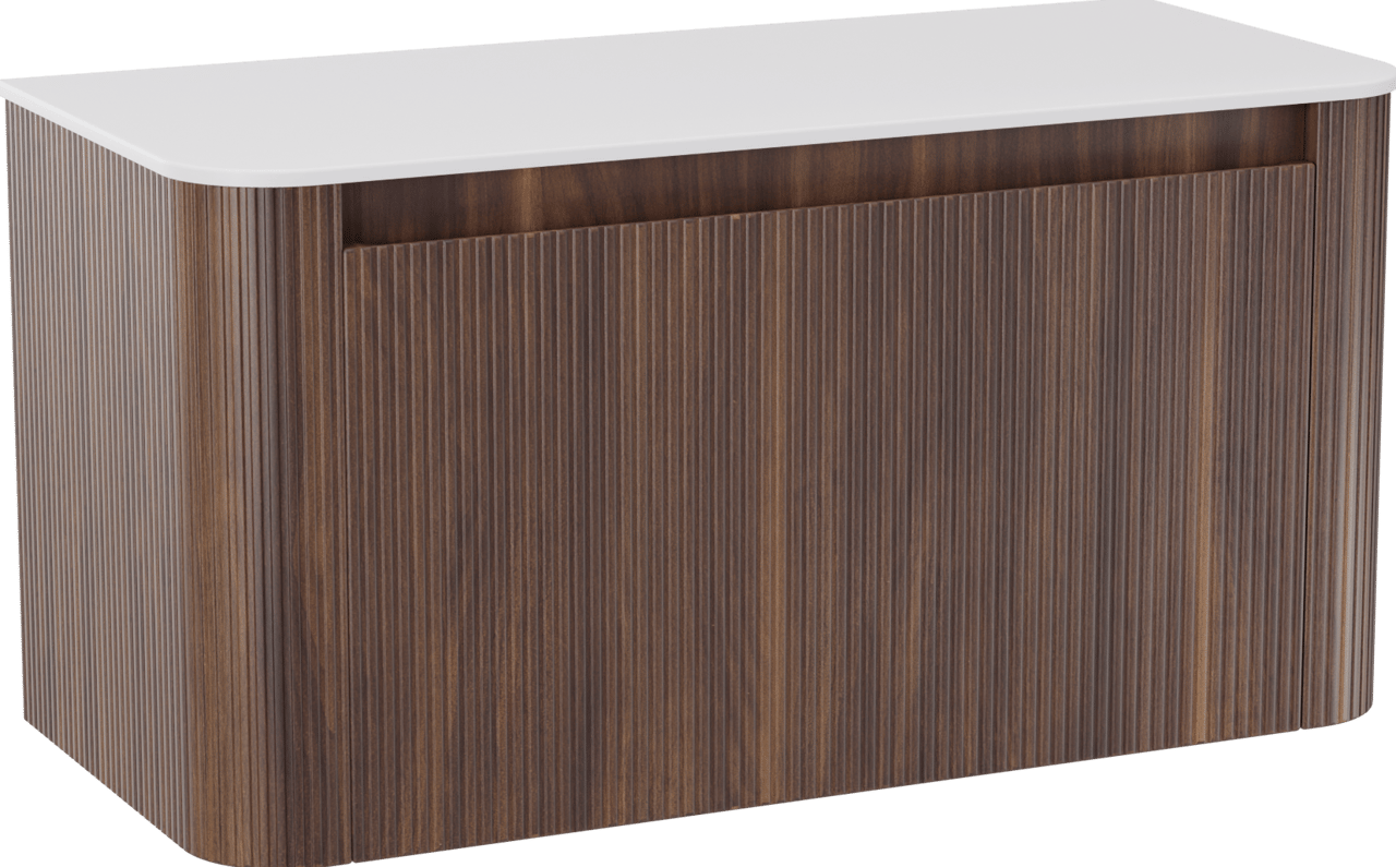 Storke Soft meuble salle de bains suspendu 100 x 46 cm noyer avec Tavola Soft tablette simple en Solid Surface blanc mat, Nervure droite symétrique verticale