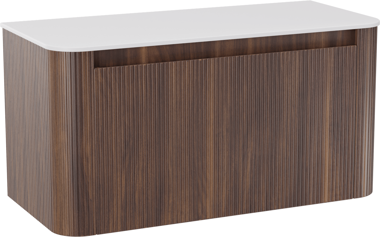 Storke Soft zwevend badkamermeubel 100 x 46 cm notelaar met Tavola Soft enkele tablet in solid surface mat wit, Verticale symmetrische rechte ribbel