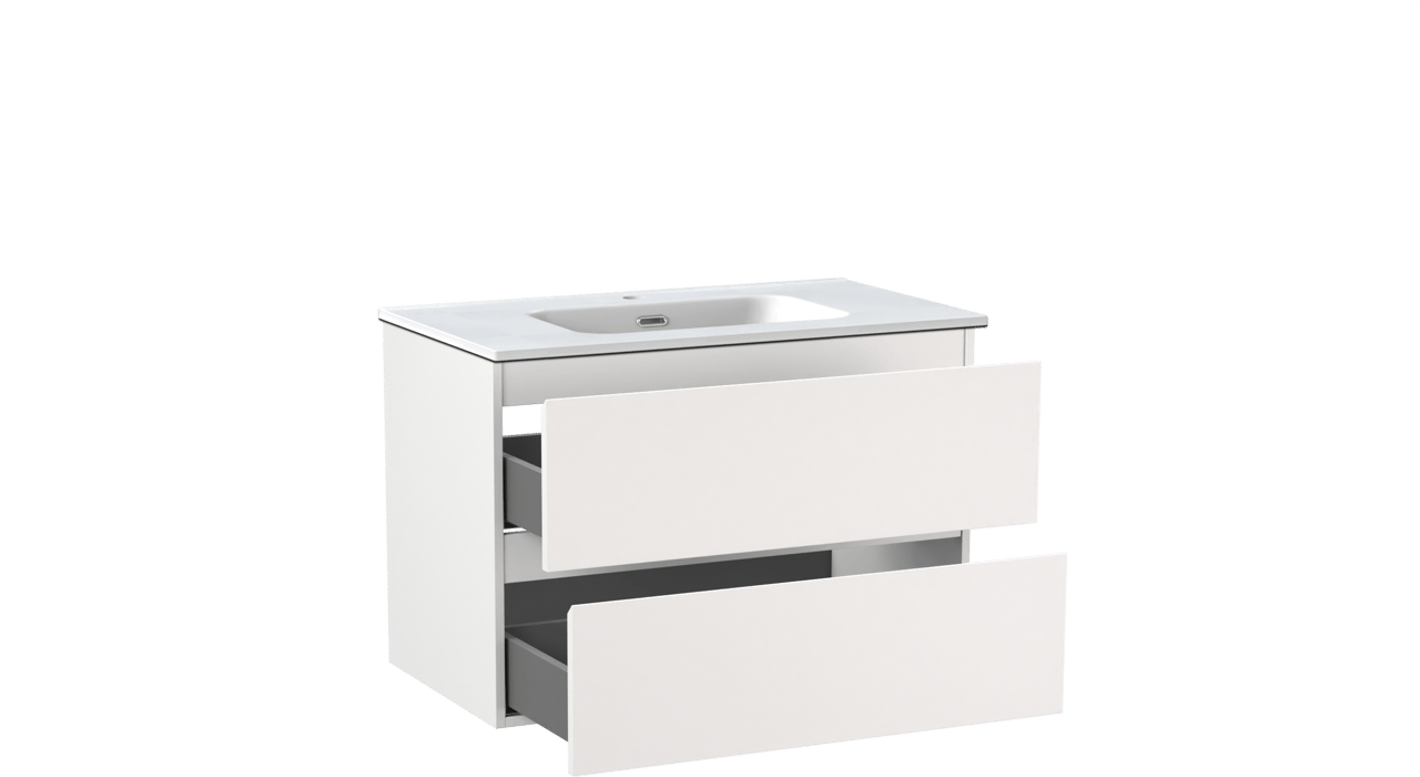 Linie Lado hängendes Möbelstück Set: 80 x 46 cm, Weiß matt, mit Baro Einzelwaschtisch, Porzellan Weiß matt