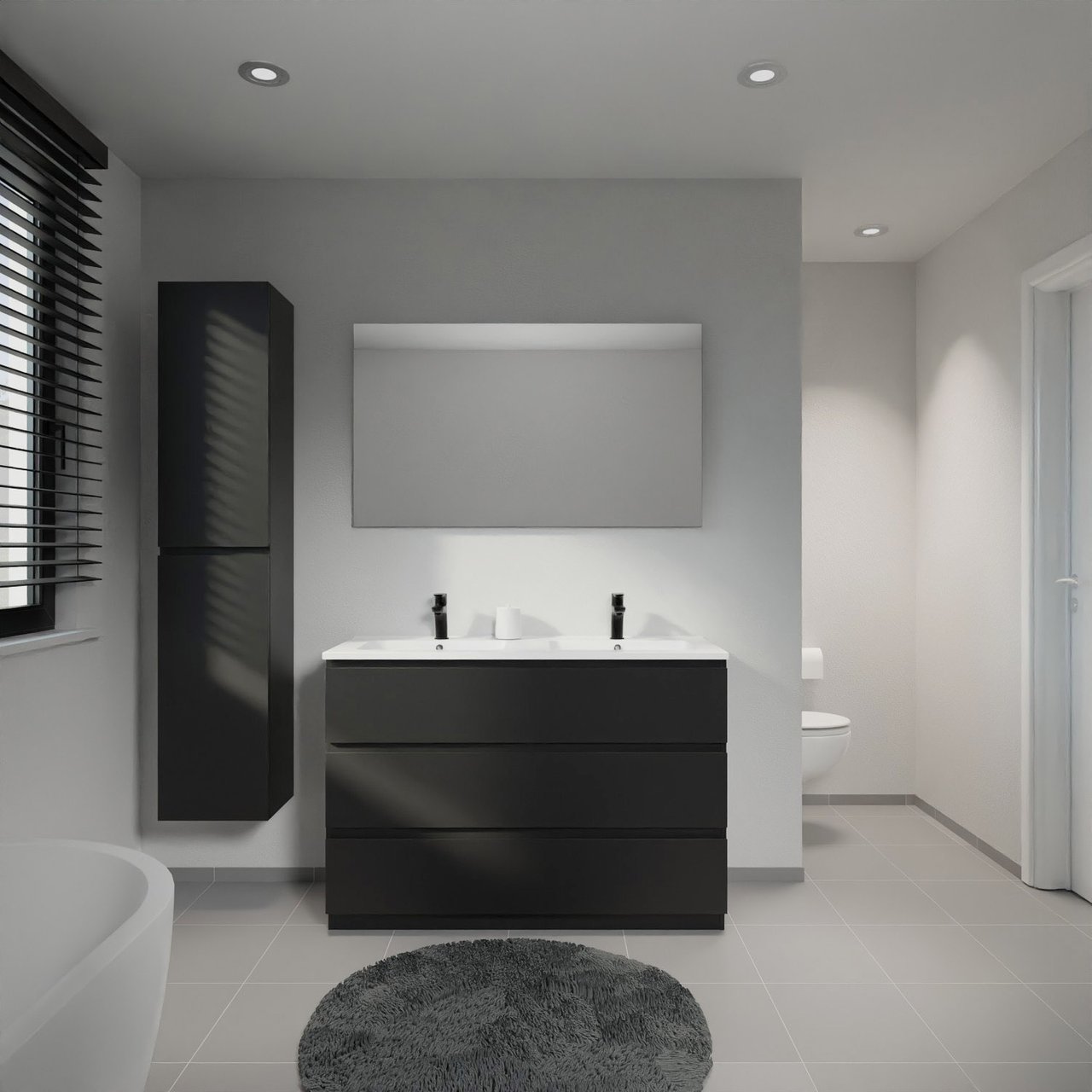 Linie Lado meuble salle de bains à poser 120 x 46 cm noir mat avec Vano double vasque en marbre composite blanc mat