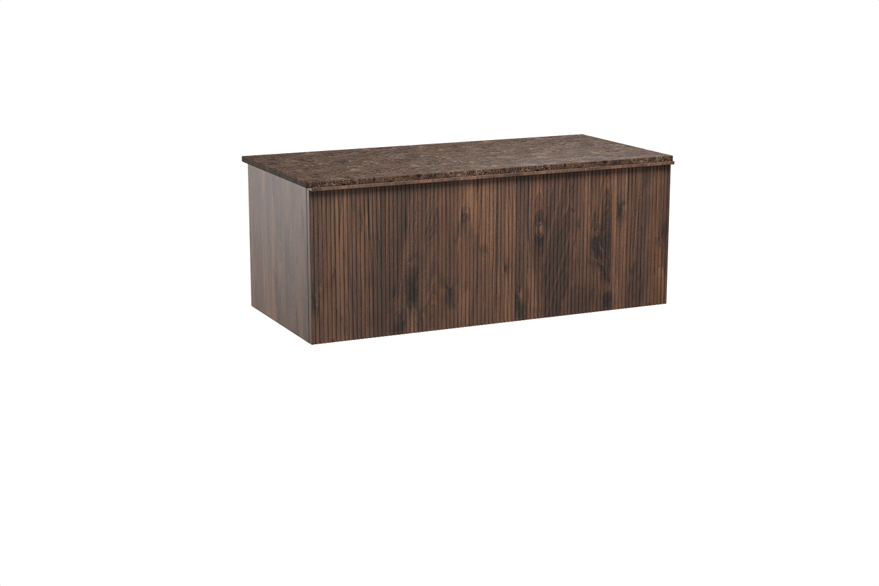 Balmani Forma hängendes Möbelstück Set: 120 x 55 cm, Amerikanischer Nussbaum, mit Stretto Einzel- oder Doppel Waschtischplatte, Marmor, Dark Emperador, Vertikale symmetrische gerade Rippe