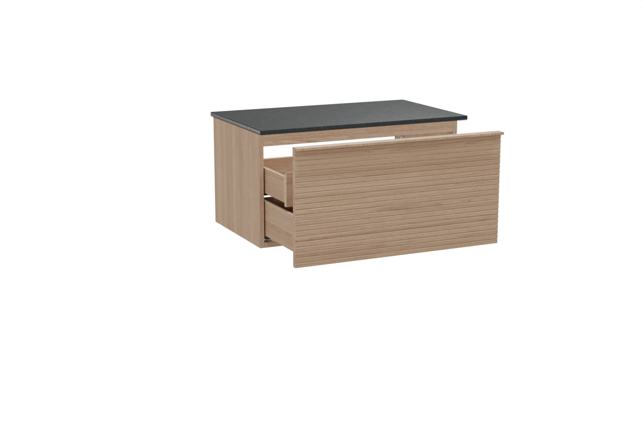 Balmani Forma hängendes Möbelstück Set: 90 x 55 cm, Naturbelassene Eiche, mit Stretto Einzel Waschtischplatte, Granit, Schwarzes Granit, Horizontale symmetrische gerade Rippe