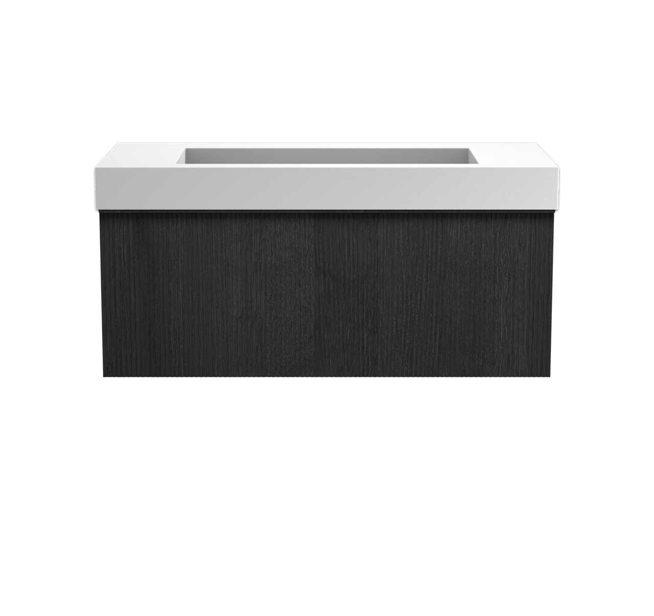 Balmani Forma hängendes Möbelstück Set: 120 x 55 cm, Schwarze Eiche, mit Modus Einzelwaschtisch für 2 Armaturenlöcher, Solid Surface, Weiß matt, Vertikale symmetrische gerade Rippe