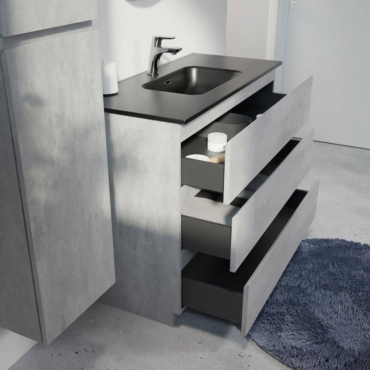 Linie Lado freistehendes Möbelstück Set: 100 x 46 cm, Beton dunkelgrau, mit Baro Einzelwaschtisch, Porzellan Schwarz matt