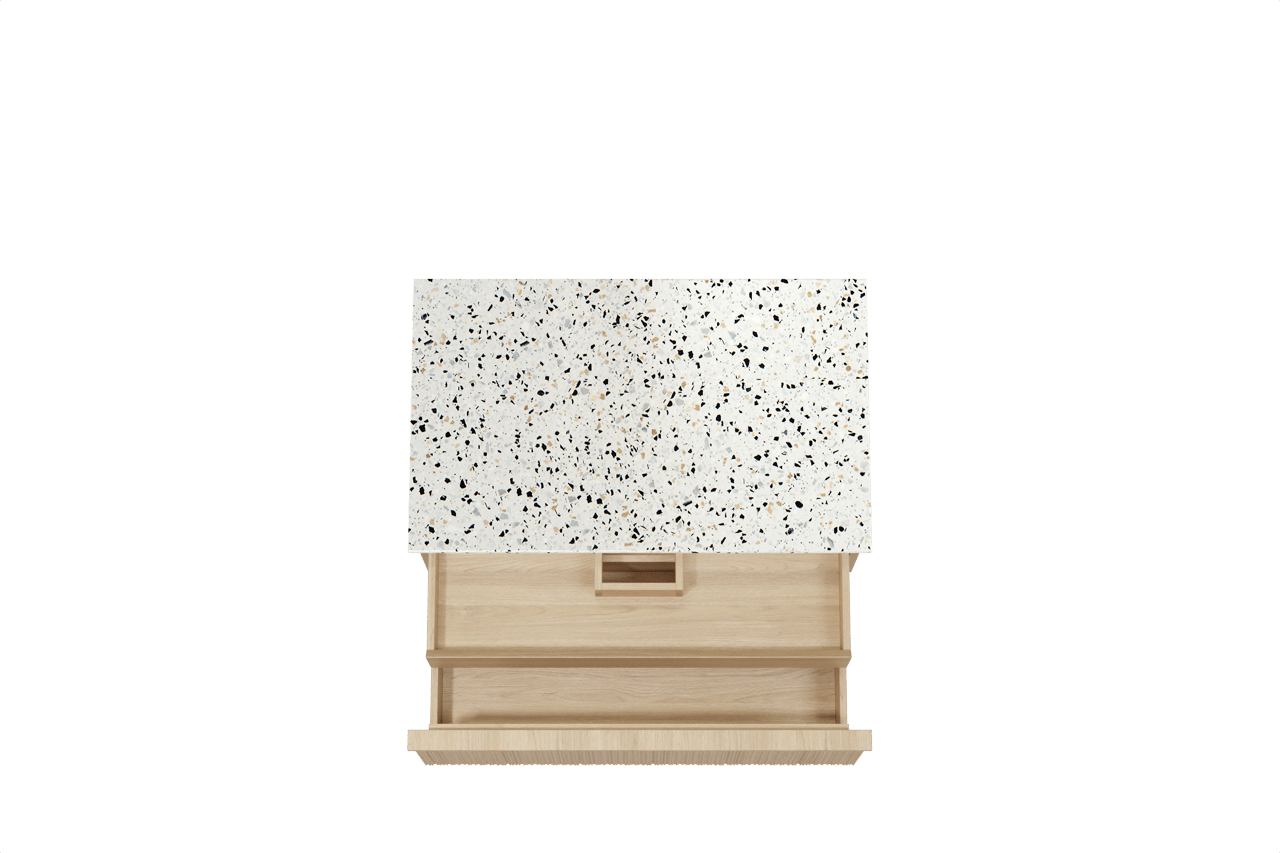 Balmani Forma meuble salle de bains suspendu 90 x 55 cm chêne naturel avec Stretto tablette simple en blanc/noir mat terrazzo, Nervure circulaire asymétrique verticale
