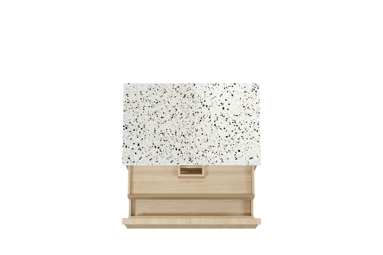 Balmani Forma meuble salle de bains suspendu 90 x 55 cm chêne naturel avec Stretto tablette simple en blanc/noir mat terrazzo, Nervure circulaire asymétrique verticale