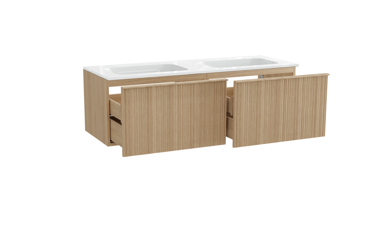 Balmani Forma meuble salle de bains suspendu 150 x 55 cm chêne naturel avec Tablo Strada double vasque en marbre composite blanc brillant, Nervure circulaire asymétrique verticale