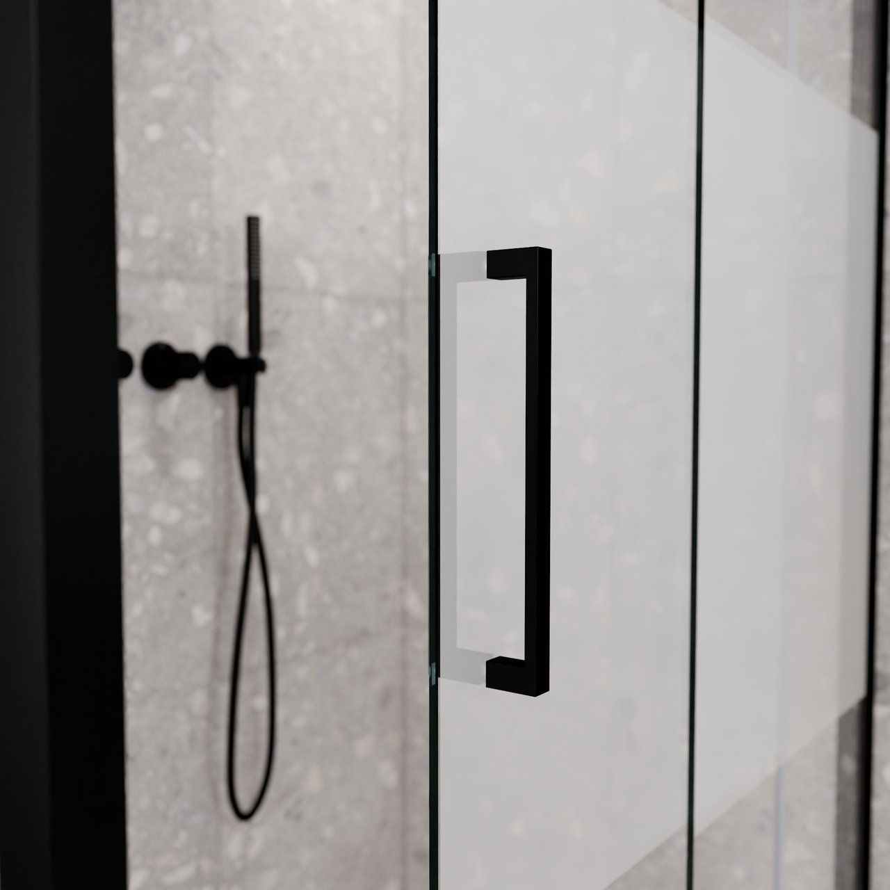 Balmani Senses Design douche d'angle avec porte coulissante à droite et paroi latérale fixe, 120 x 80 cm, Verre transparent avec bande mate, Profil Noir mat