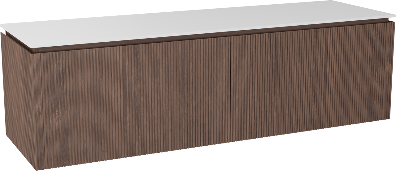 Balmani Eclips meuble salle de bains suspendu 180 x 55 cm Noyer américain avec Stretto tablette simple ou double en Solid Surface blanc mat, Nervure droite symétrique verticale