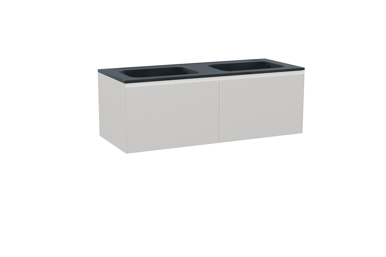 Balmani Fila meuble salle de bains suspendu 135 x 55 cm blanc mat avec Tablo Strada double vasque en marbre composite noir mat, Nervure droite symétrique verticale