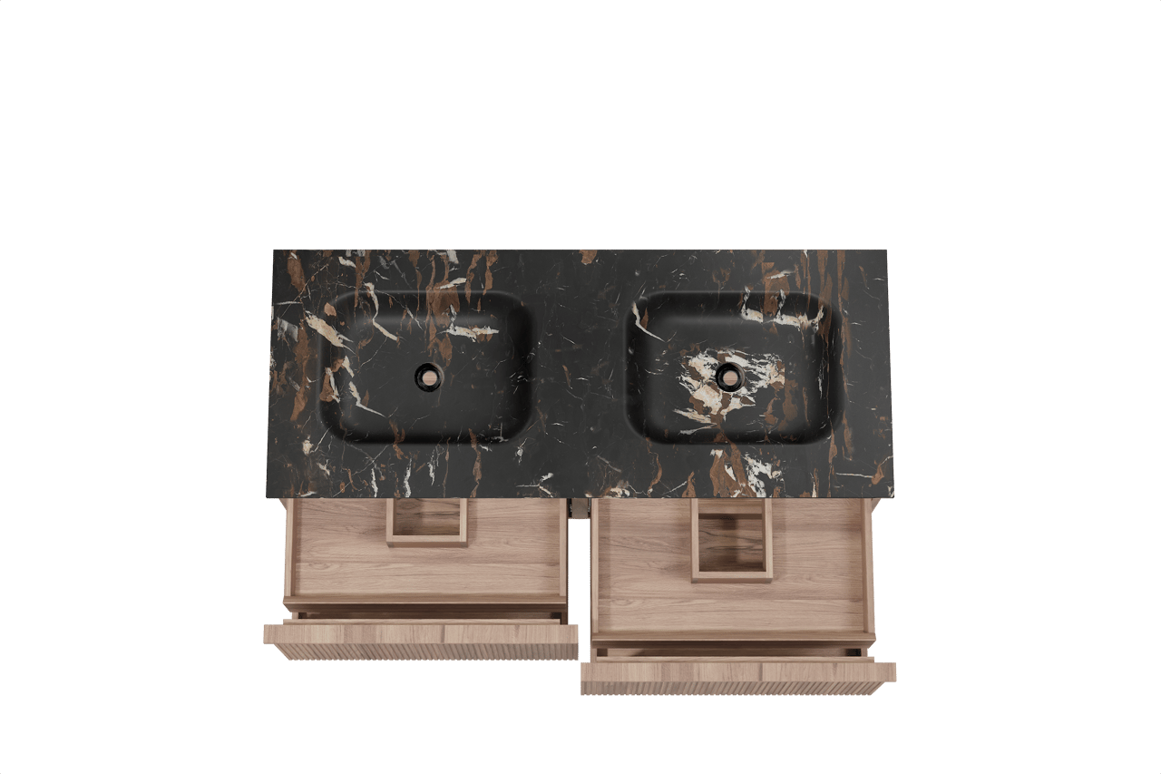 Balmani Forma zwevend badkamermeubel 135 x 55 cm teak met Tablo Arcato dubbele wastafel in marmer portoro gold, Verticale symmetrische rechte ribbel