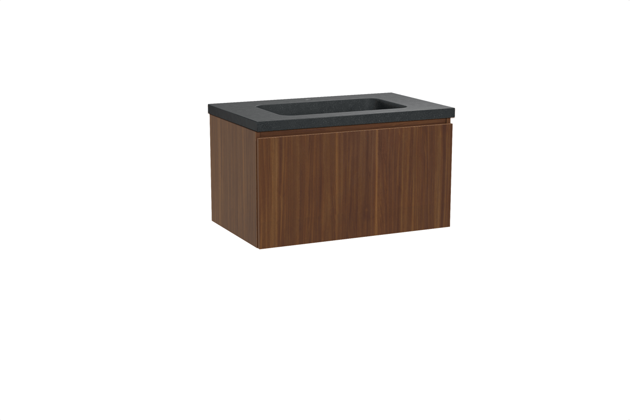 Balmani Sfera hängendes Möbelstück Set: 90 x 55 cm, Amerikanischer Nussbaum, mit Napoli Einzelwaschtisch, Schwarzes Granit