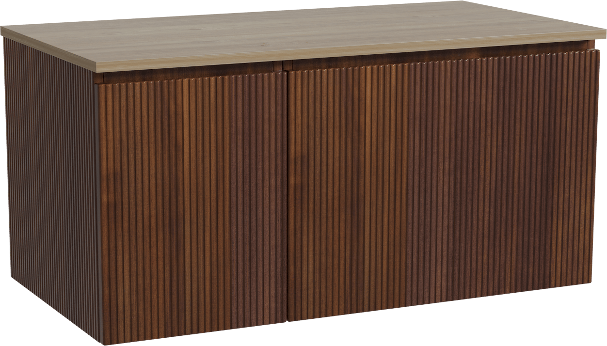 Storke Ribs zwevend badmeubel 100 x 52 cm notenhout met Panton enkel wastafelblad in melamine ruw eiken, Verticale symmetrische rechte ribbel