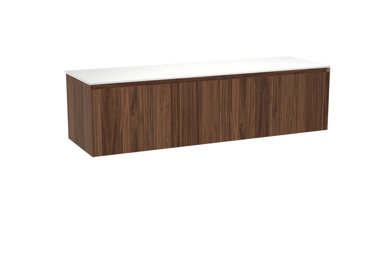 Balmani Idra hängendes Möbelstück Set: 180 x 55 cm, Nussbaum, mit Stretto Einzel- oder Doppel Waschtischplatte, Solid Surface Weiß matt