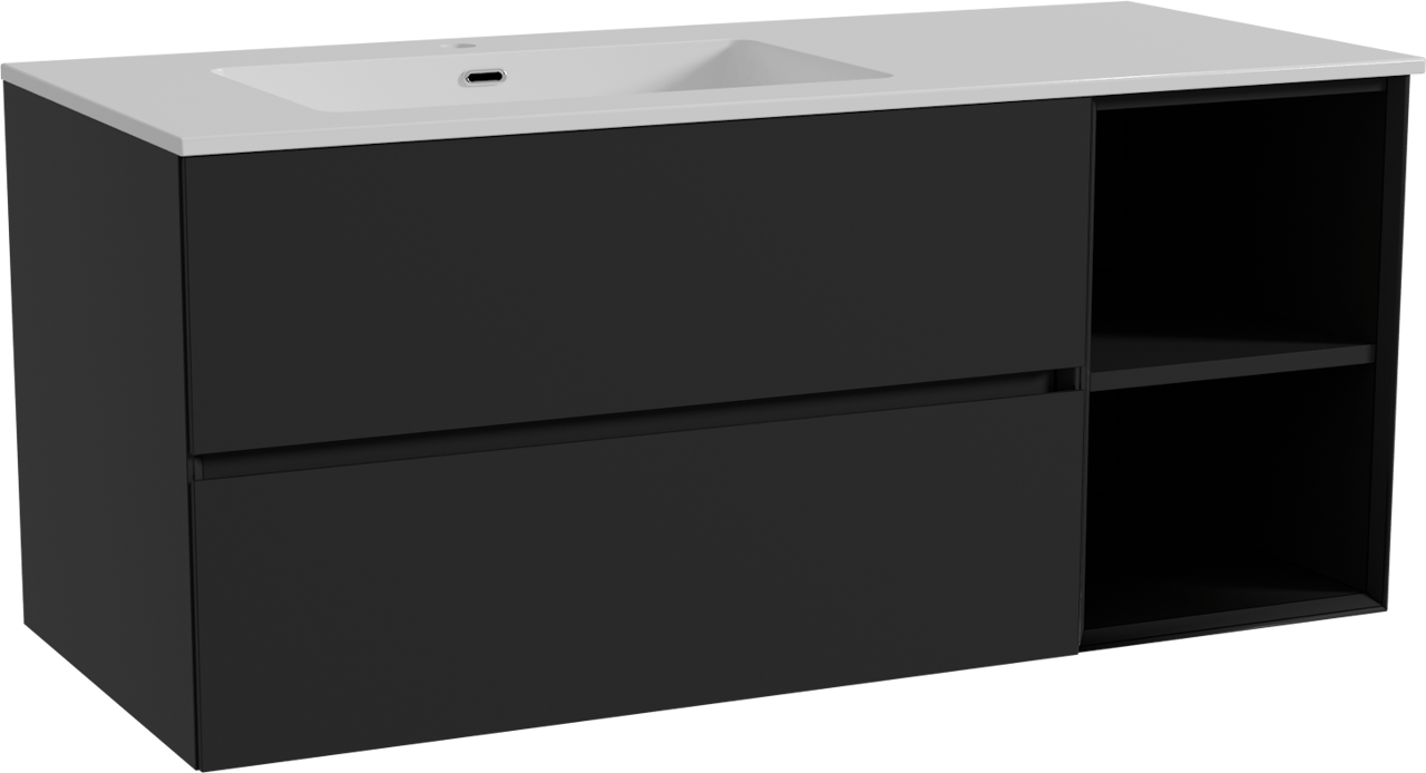 Storke Edge zwevend badkamermeubel 120 x 52 cm mat zwart met Diva asymmetrisch linkse wastafel in composietmarmer glanzend wit