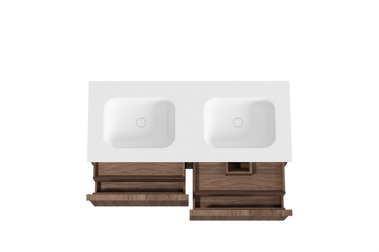 Balmani Forma zwevend badkamermeubel 135 x 55 cm amerikaanse notelaar met Tablo Arcato dubbele wastafel in solid surface mat wit, Verticale symmetrische rechte ribbel