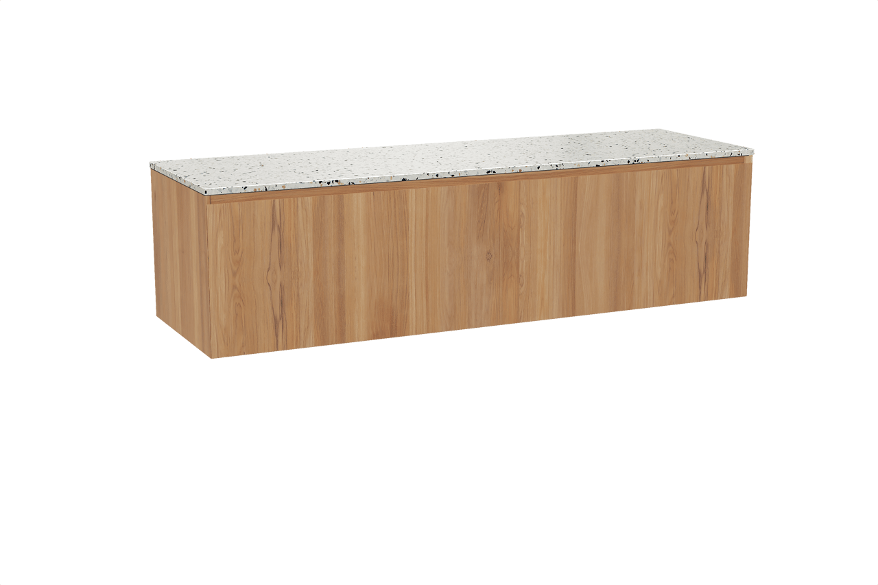 Balmani Idra hängendes Möbelstück Set: 180 x 55 cm, Teak, mit Stretto Einzel- oder Doppel Waschtischplatte, Terrazzo in Weiß/Schwarz matt
