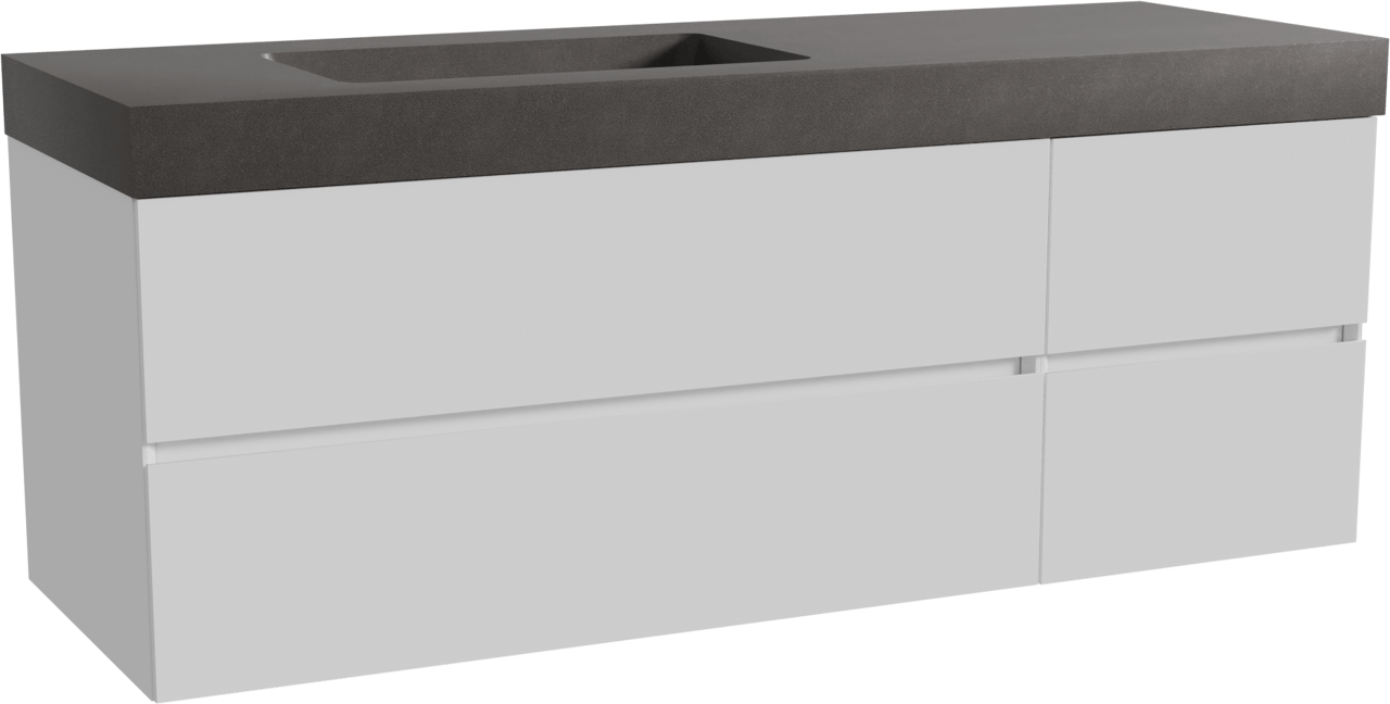 Storke Edge zwevend badmeubel 150 x 52 cm hoogglans wit met Scuro High asymmetrisch linkse wastafel in kwarts mat zwart