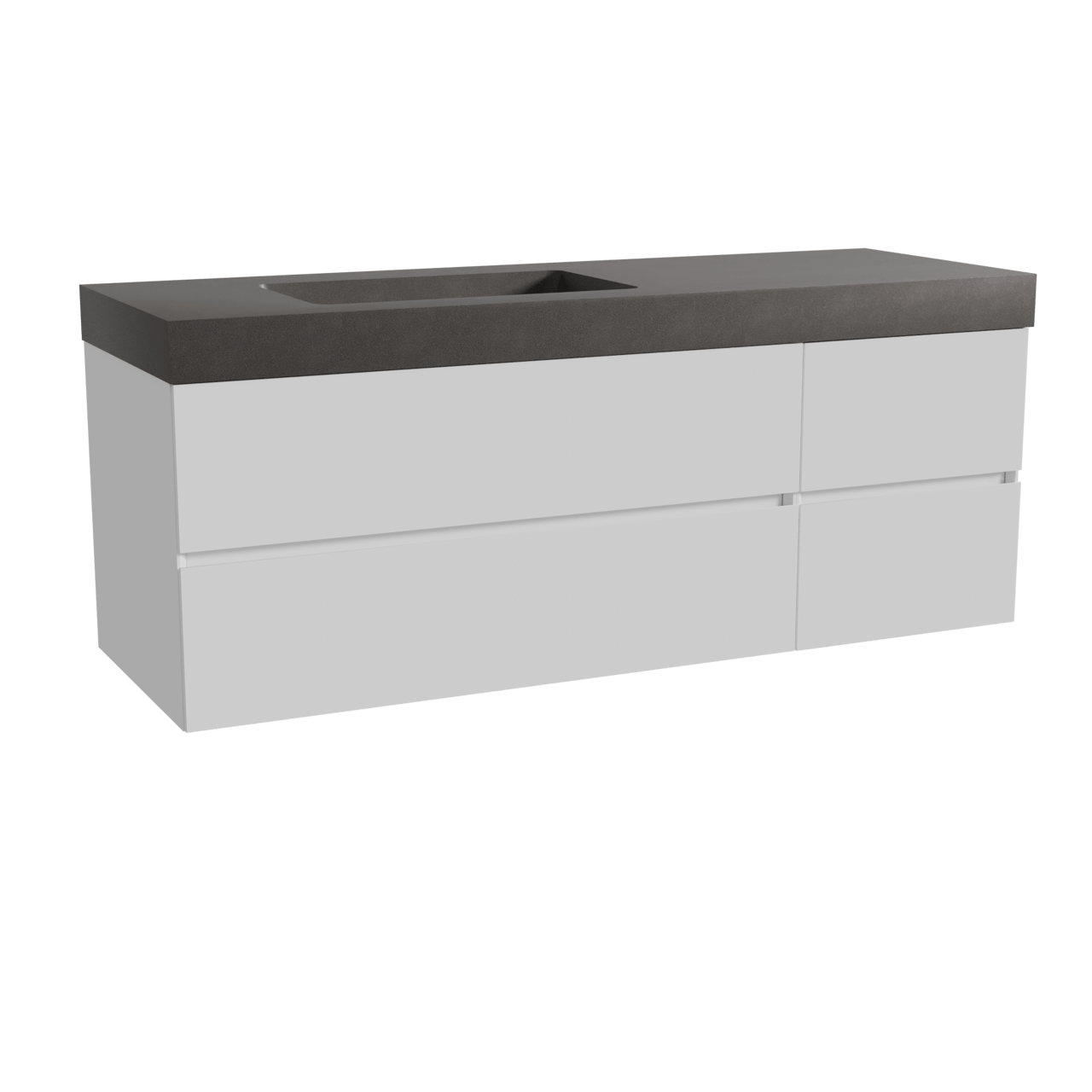 Storke Edge zwevend badkamermeubel 150 x 52 cm glanzend wit met Scuro High asymmetrisch linkse wastafel in kwarts mat zwart