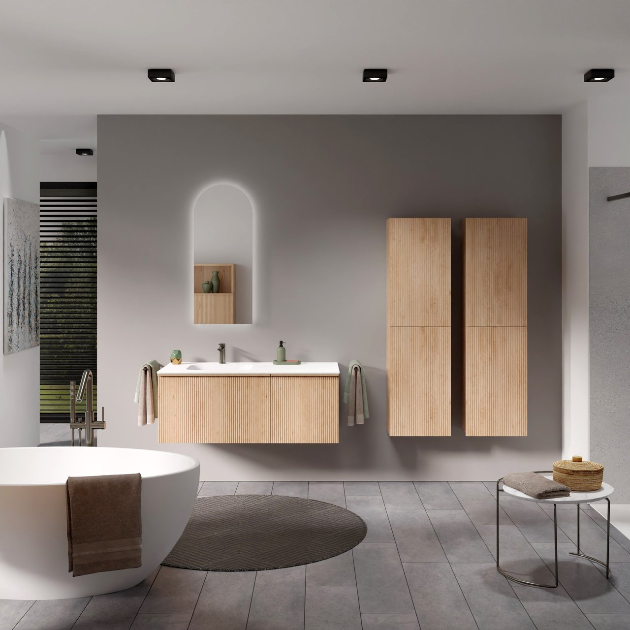 Balmani Forma hängendes Möbelstück Set: 120 x 55 cm, Naturbelassene Eiche, mit Tablo Arcato Waschtisch links, Solid Surface, Weiß matt, Vertikale symmetrische gerade Rippe