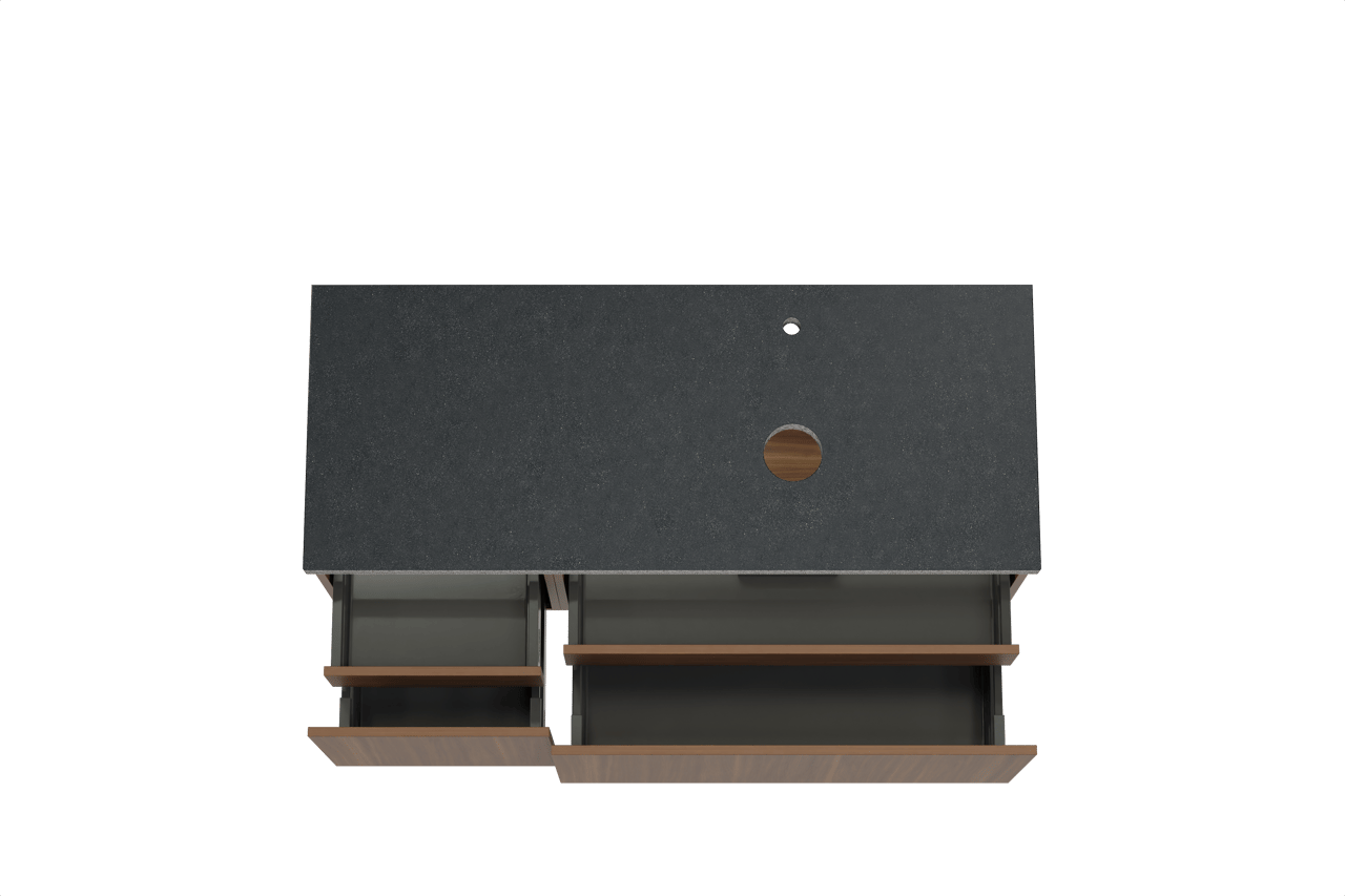 Balmani Sfera hängendes Möbelstück Set: 135 x 55 cm, Amerikanischer Nussbaum, mit Rock Waschtisch rechts, Schwarzes Granit