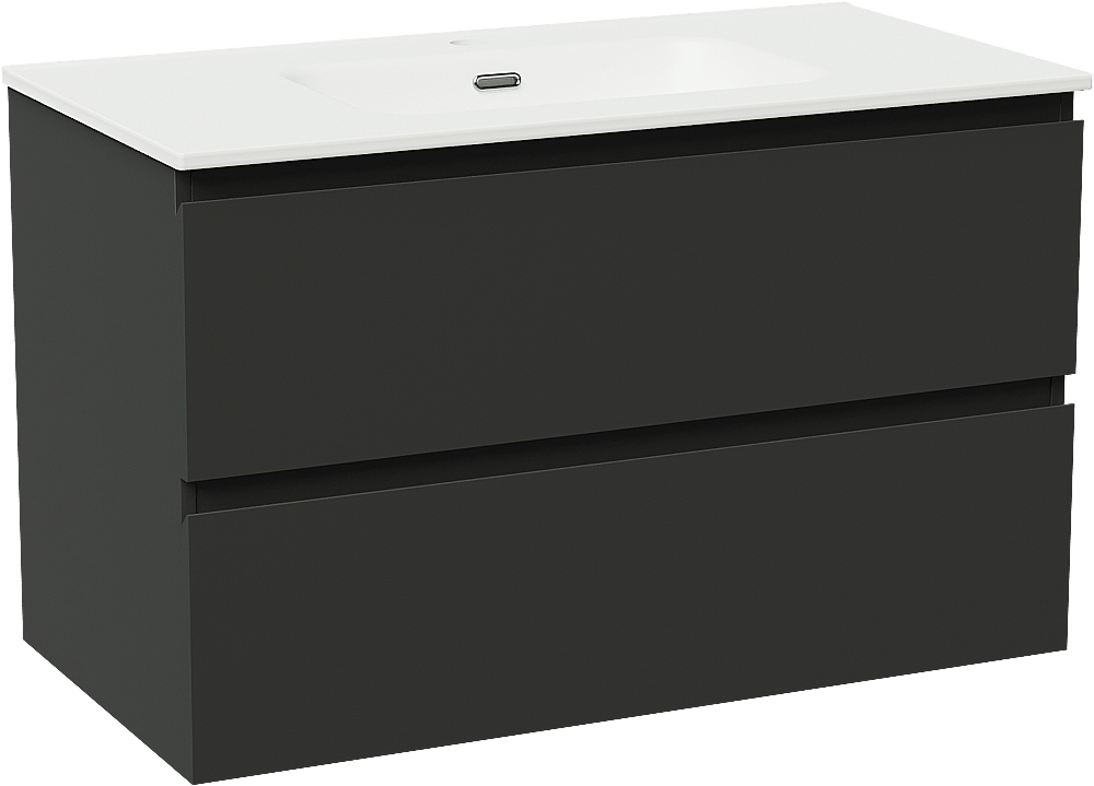 Linie Lado meuble salle de bains suspendu 90 x 46 cm noir mat avec Baro plan simple en porcelaine blanc mat et Montro armoire de toilette