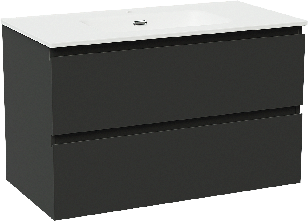 Linie Lado hängendes Möbelstück Set: 90 x 46 cm, Schwarz matt, mit Baro Einzelwaschtisch, Porzellan Weiß matt