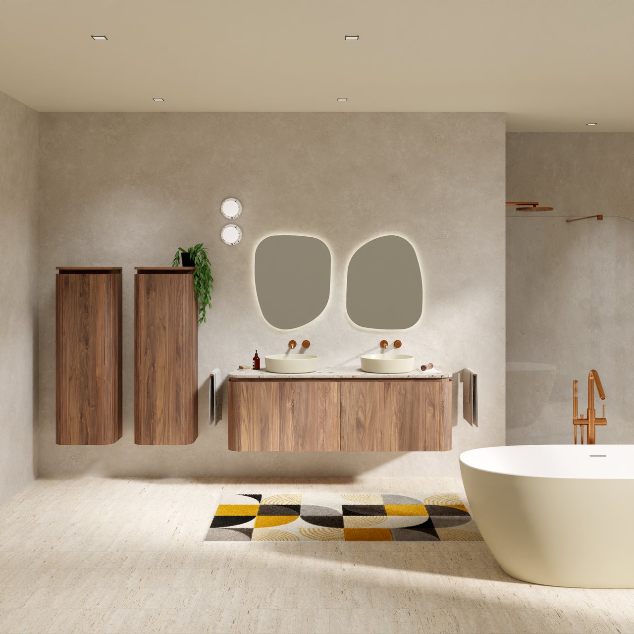 Balmani Moon hängendes Möbelstück Set: 160 x 55 cm, Amerikanischer Nussbaum, mit Moon Einzel- oder Doppel Waschtischplatte, Terrazzo in Greige