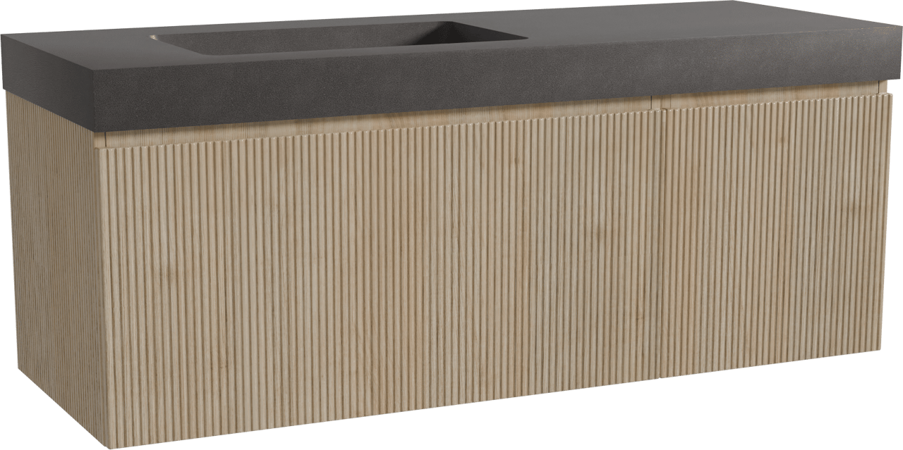 Storke Ribs meuble salle de bains suspendu 140 x 52 cm chêne brut avec Scuro High plan vasque asymétrique à gauche en quartz noir mat, Nervure droite symétrique verticale