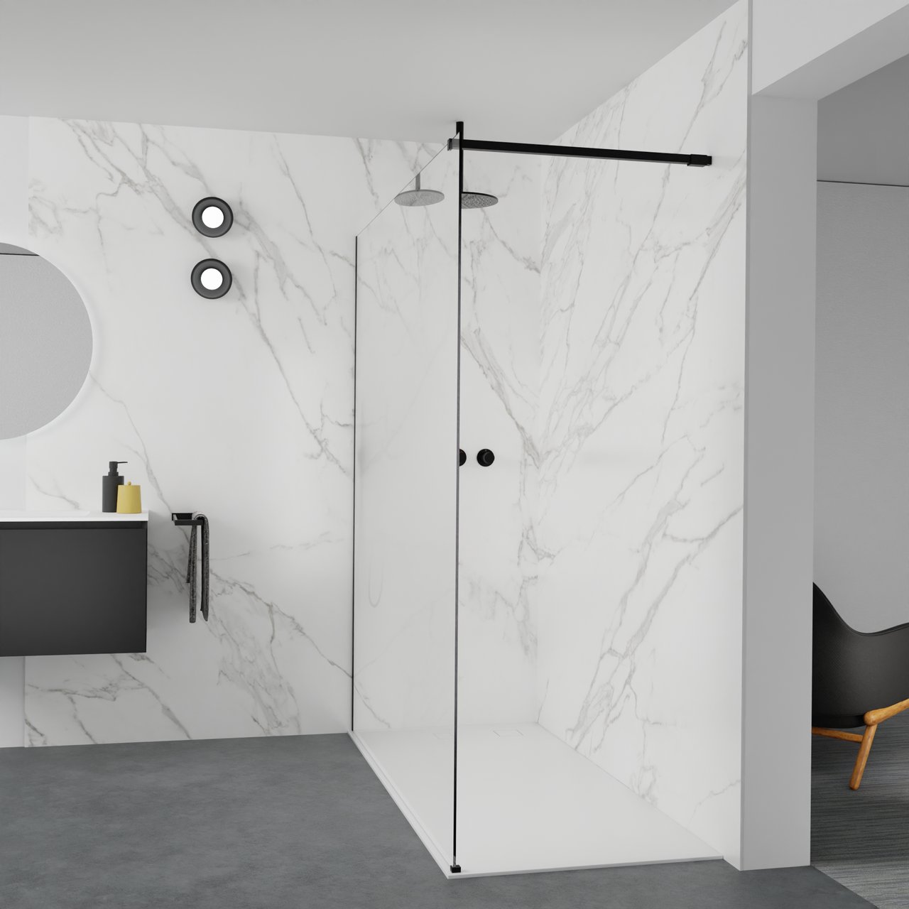 Balmani Modular Walk-In Dusche: 180 x 200 cm, Permafrost, inklusive Coating, Profil Schwarz matt