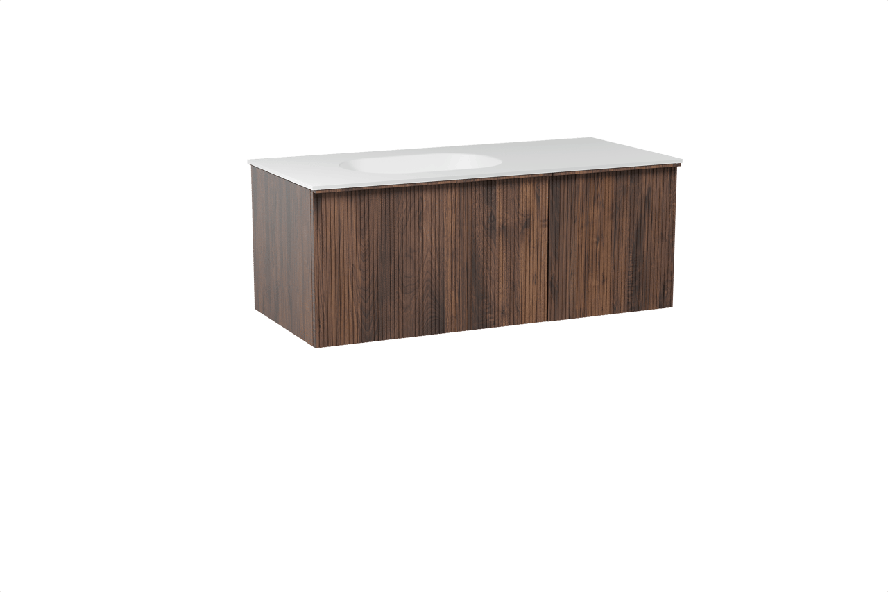 Balmani Forma hängendes Möbelstück Set: 120 x 55 cm, Amerikanischer Nussbaum, mit Tablo Oval Waschtisch links, Solid Surface, Weiß matt, Vertikale symmetrische gerade Rippe