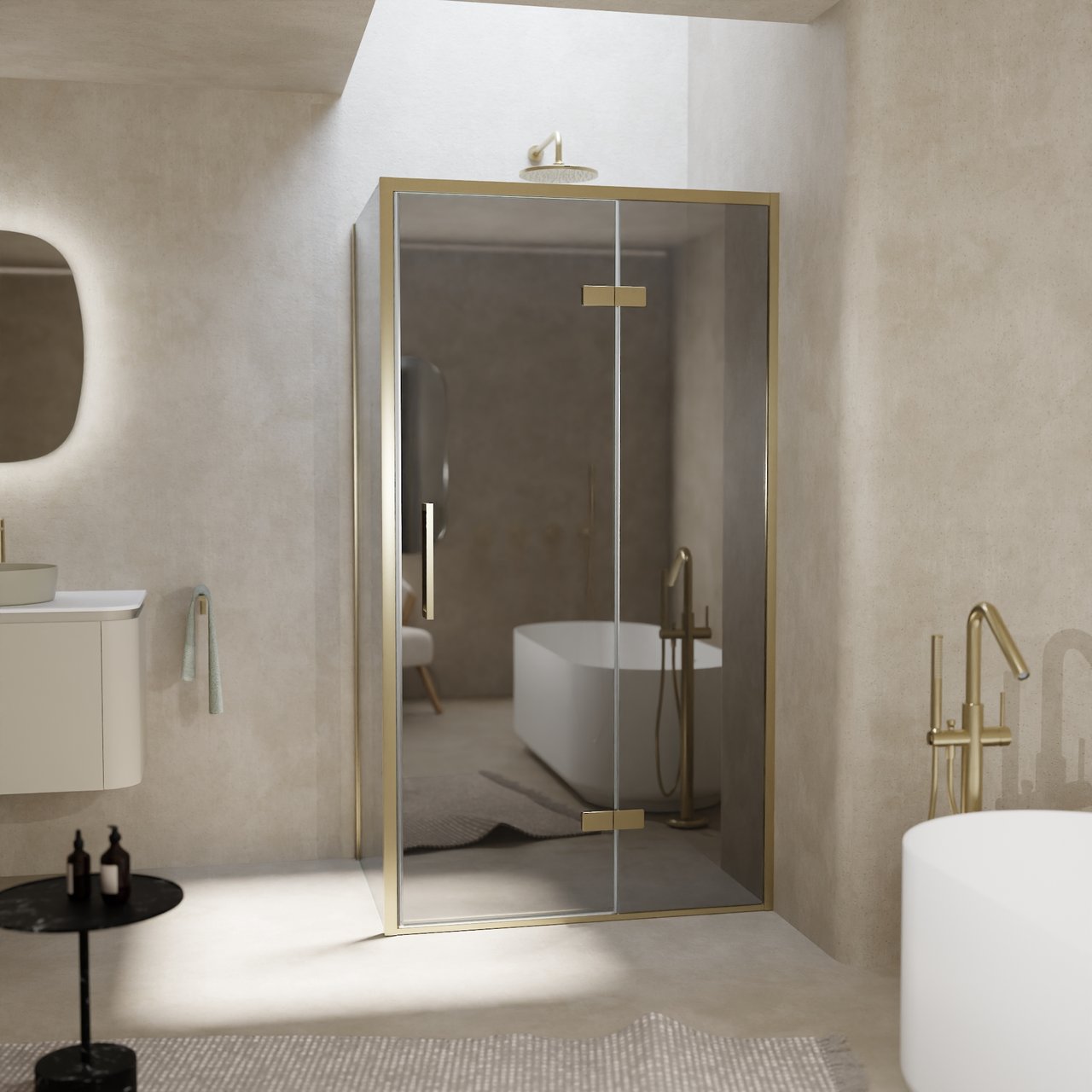 Balmani Senses Design douche en coin avec porte pivotante à droite et paroi latérale fixe, 100 x 80 cm, Miroir Reflex, Profil Brushed Champagne Gold, coating inclus