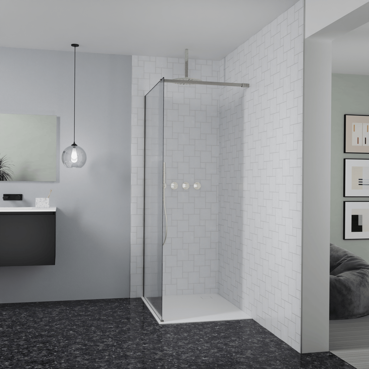 Balmani Modular Walk-In Dusche: 100 x 200 cm, Ribs, inklusive Coating, Profil Brushed CoolMetal