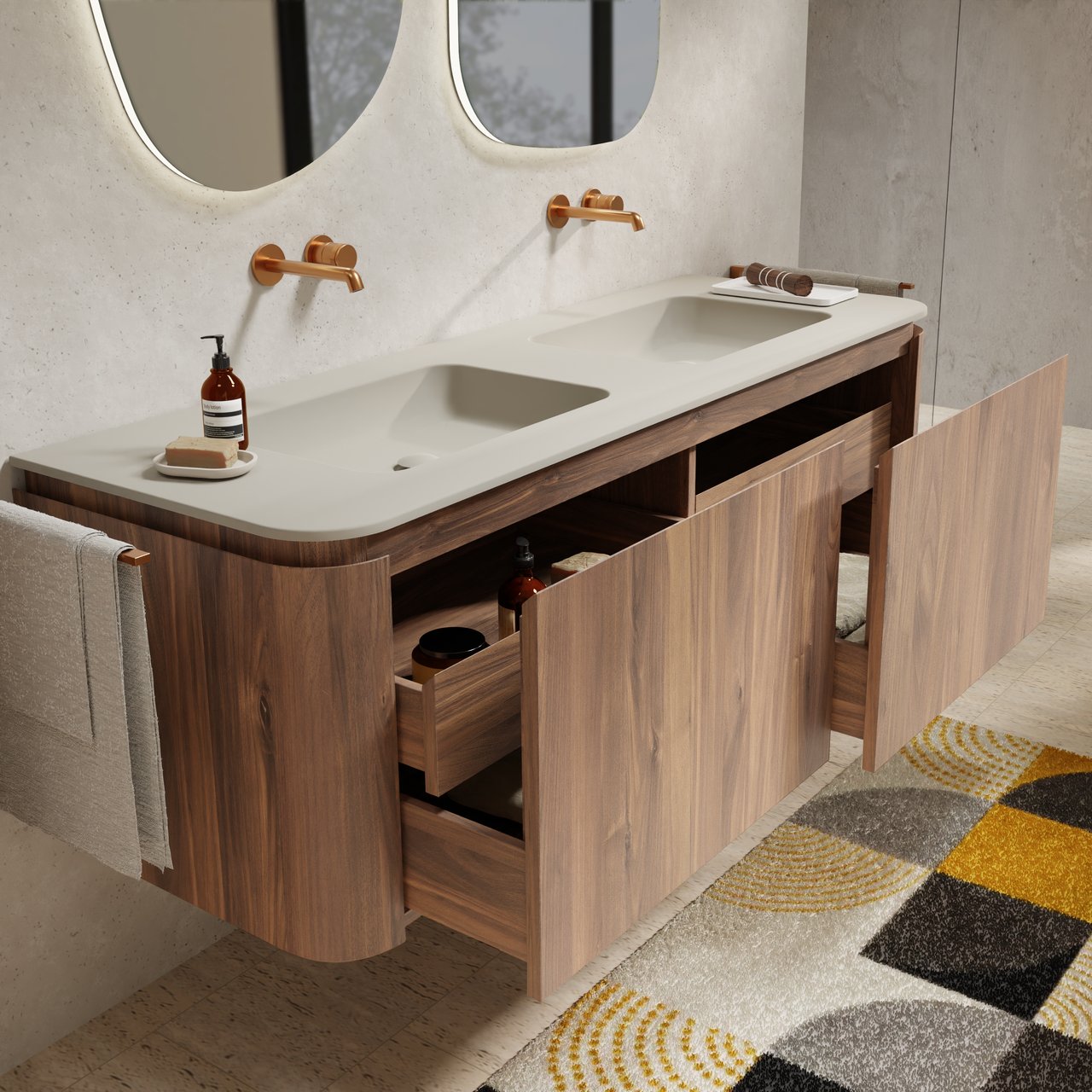 Balmani Moon hängendes Möbelstück Set: 160 x 55 cm, Amerikanischer Nussbaum, mit Moon Doppelwaschtisch, Top Solid Seidengrau