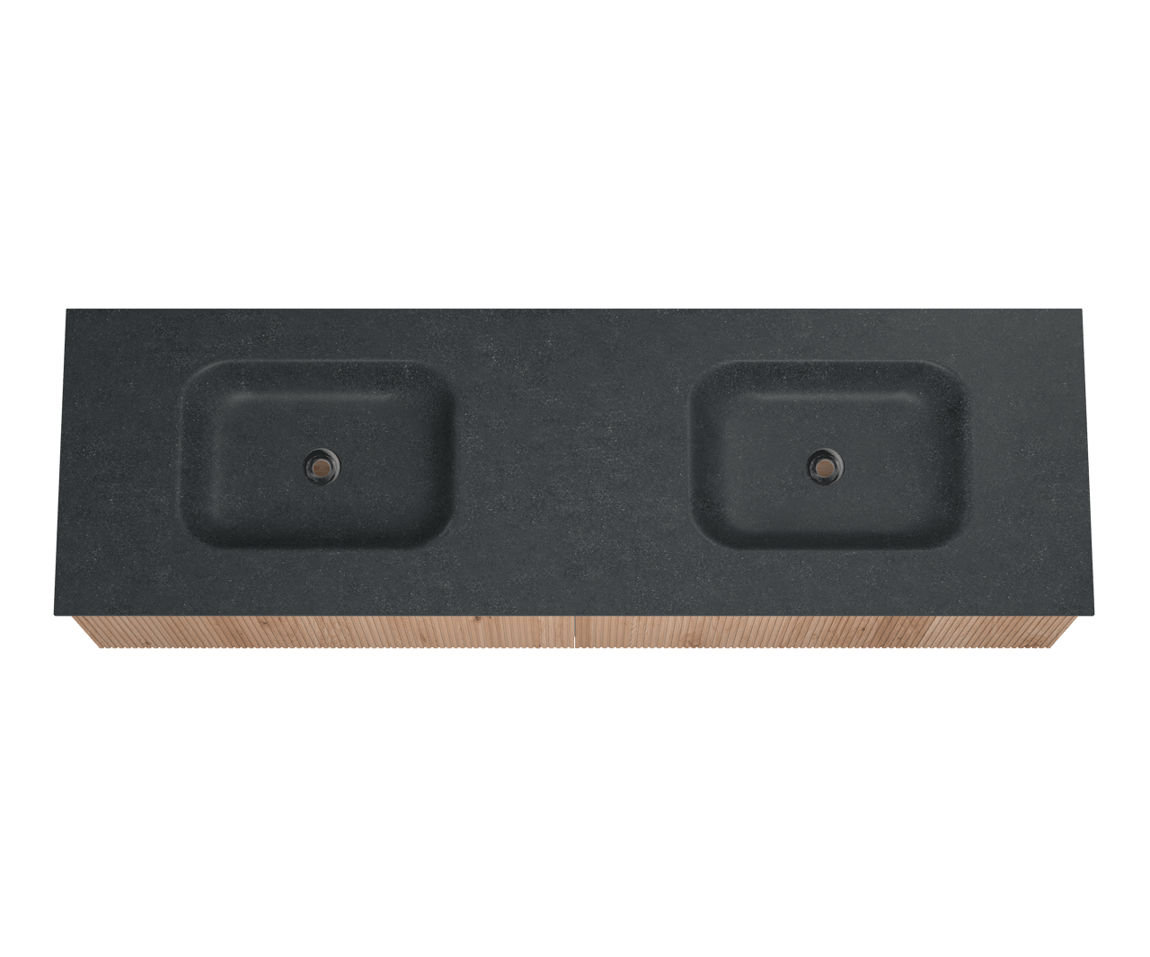 Balmani Forma zwevend badmeubel 180 x 55 cm naturel eiken met Tablo Arcato dubbele wastafel in graniet zwart graniet Verticale symmetrische rechte ribbel