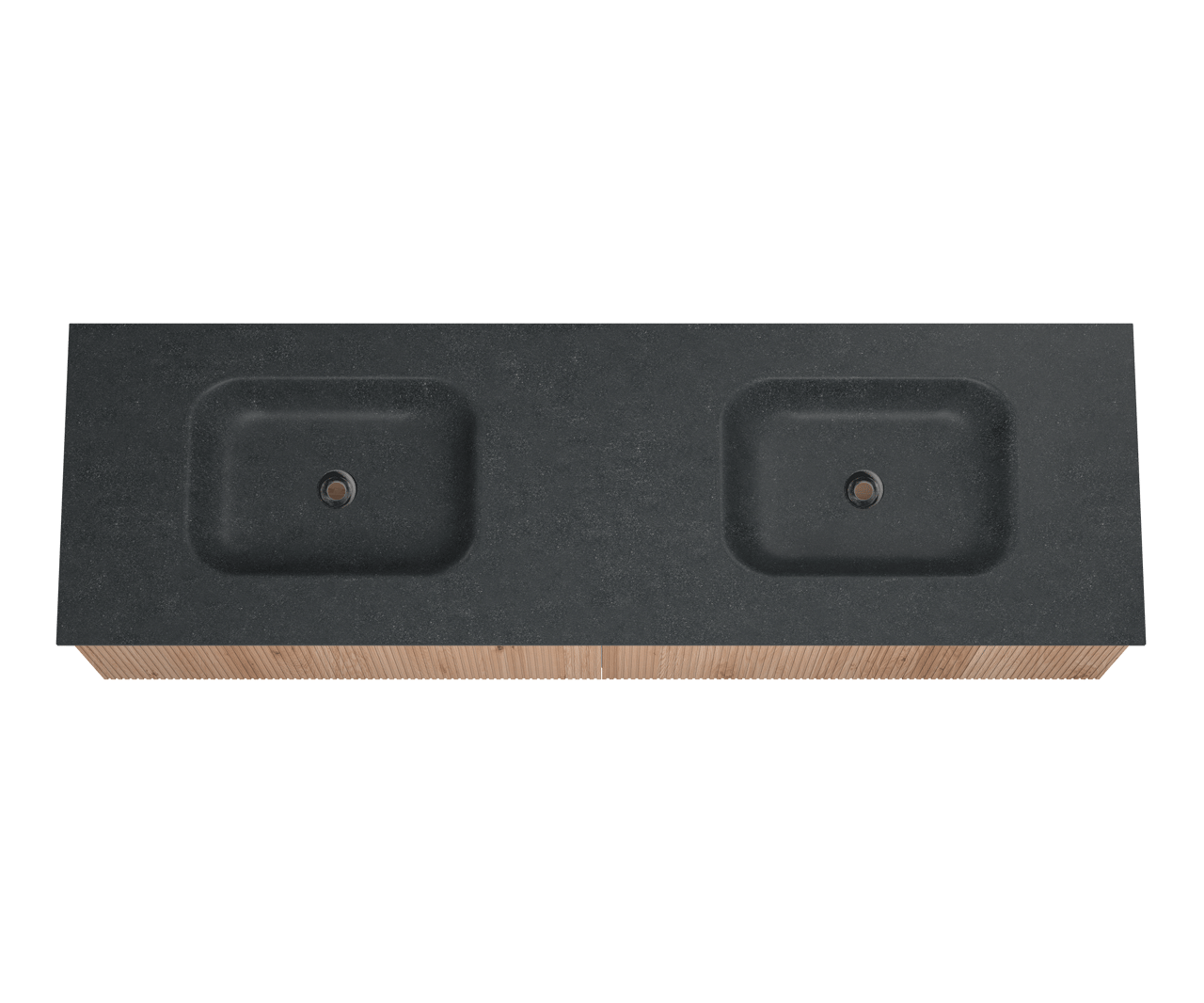 Balmani Forma zwevend badmeubel 180 x 55 cm naturel eiken met Tablo Arcato dubbele wastafel in graniet zwart graniet Verticale symmetrische rechte ribbel