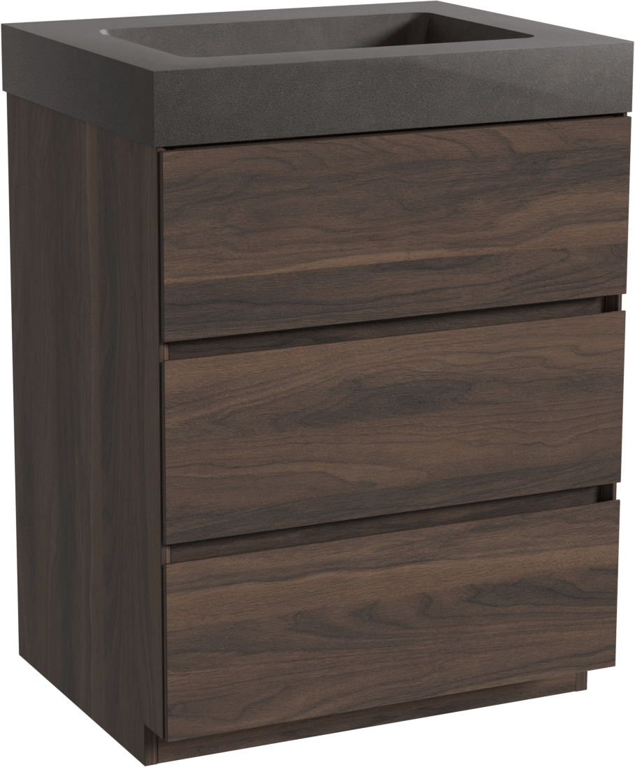 Storke Edge freistehendes Möbelstück Set: 65 x 52 cm, Nussbaum, mit Scuro High Einzelwaschtisch, Quarz Schwarz matt