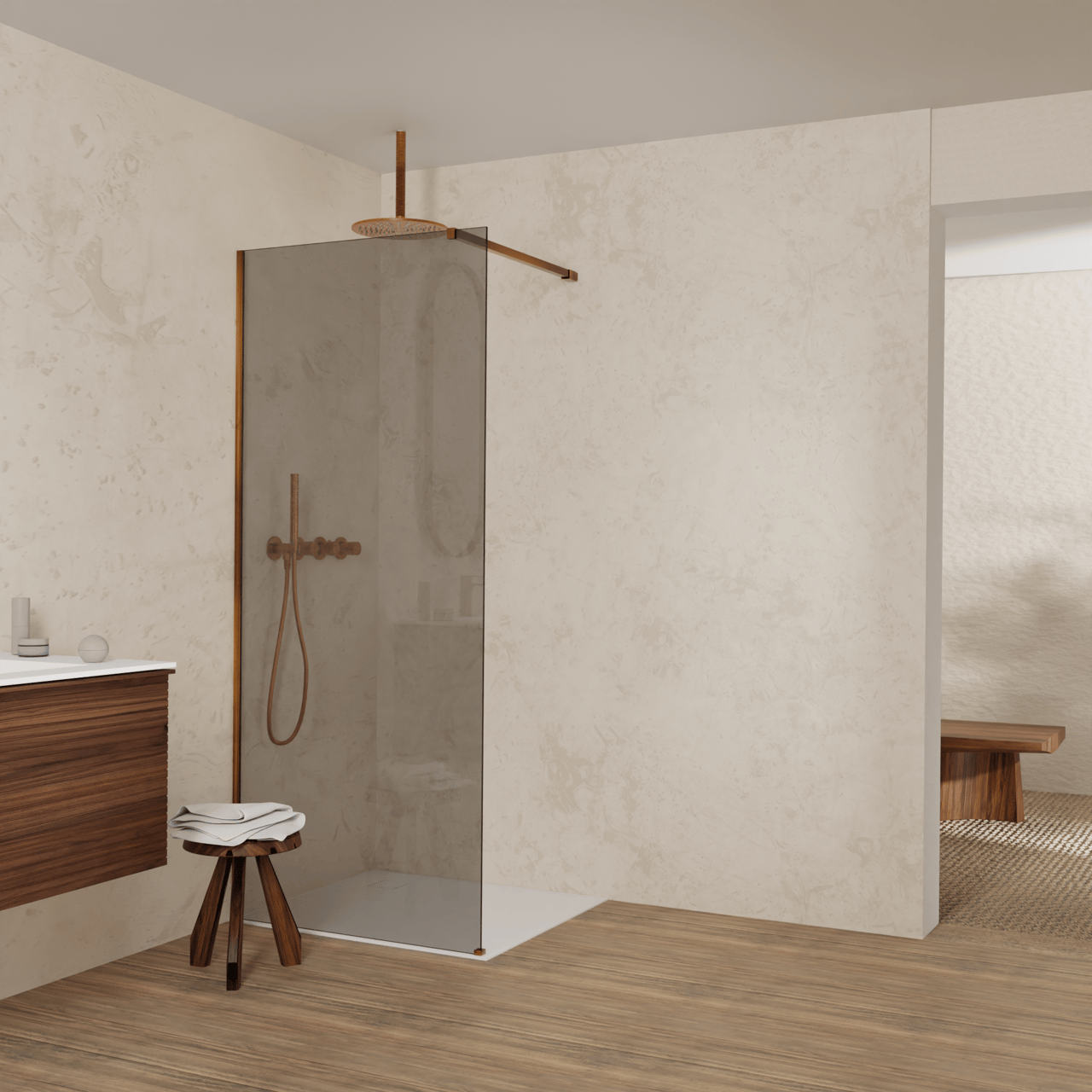 Balmani Modular douche à l'italienne: 90 x 200 cm, Verre fumé, avec coating, Profil Brushed Rosegold