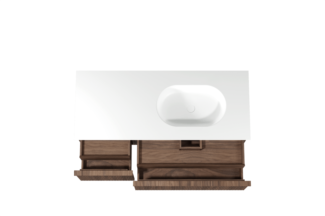 Balmani Forma meuble salle de bains suspendu 135 x 55 cm noyer américain avec Tablo Oval vasque asymétrique droite en solid surface blanc mat, Nervure droite symétrique verticale