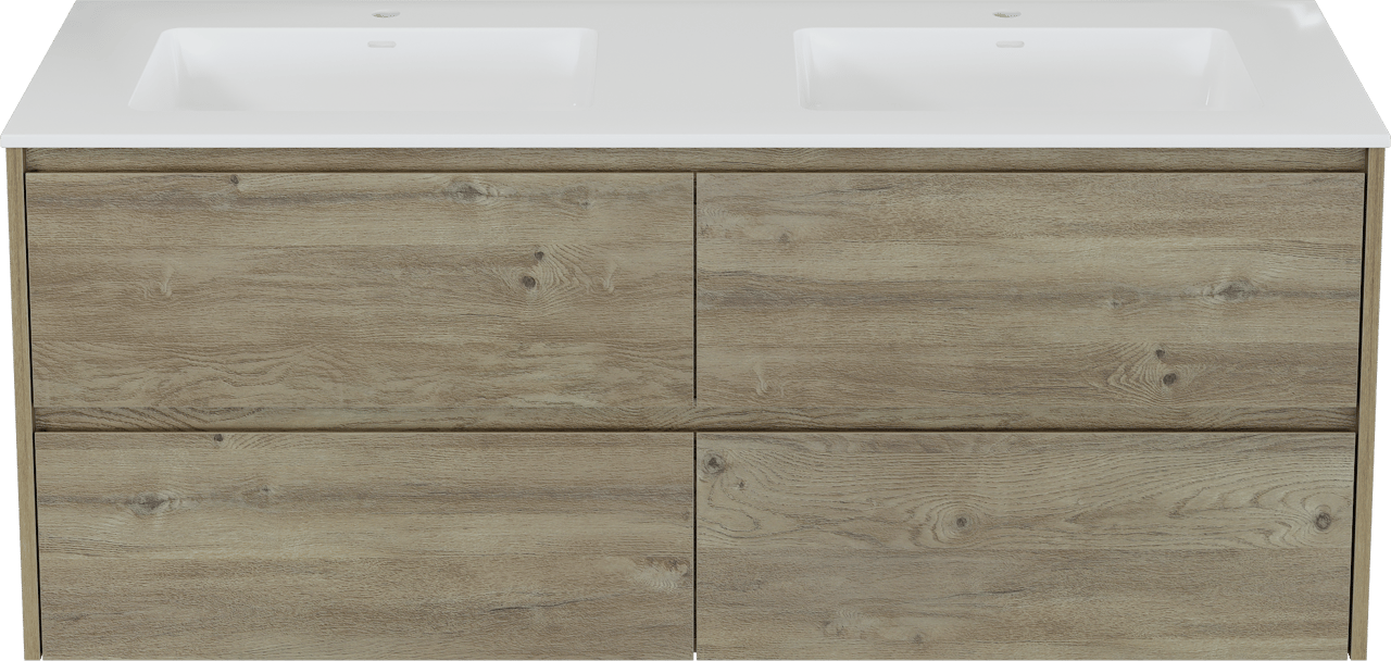 Storke Seda meuble salle de bains suspendu 150 x 52 cm chêne brut avec Bilia double vasque en marbre composite blanc brillant