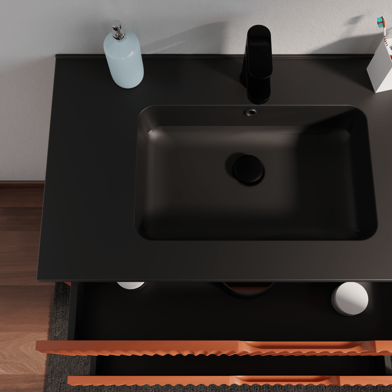 Linie Ribbo meuble salle de bains suspendu 80 x 46 cm cotto avec Vano plan simple en marbre composite noir mat, Nervure circulaire symétrique verticale