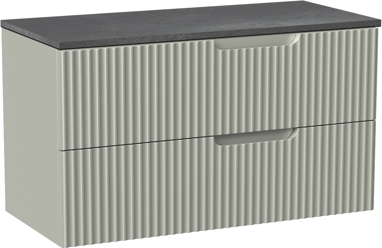 Linie Ribbo zwevend badmeubel 100 x 46 cm greige met Lado enkel of dubbel wastafelblad in melamine grijze leisteen, Verticale symmetrische ronde ribbel