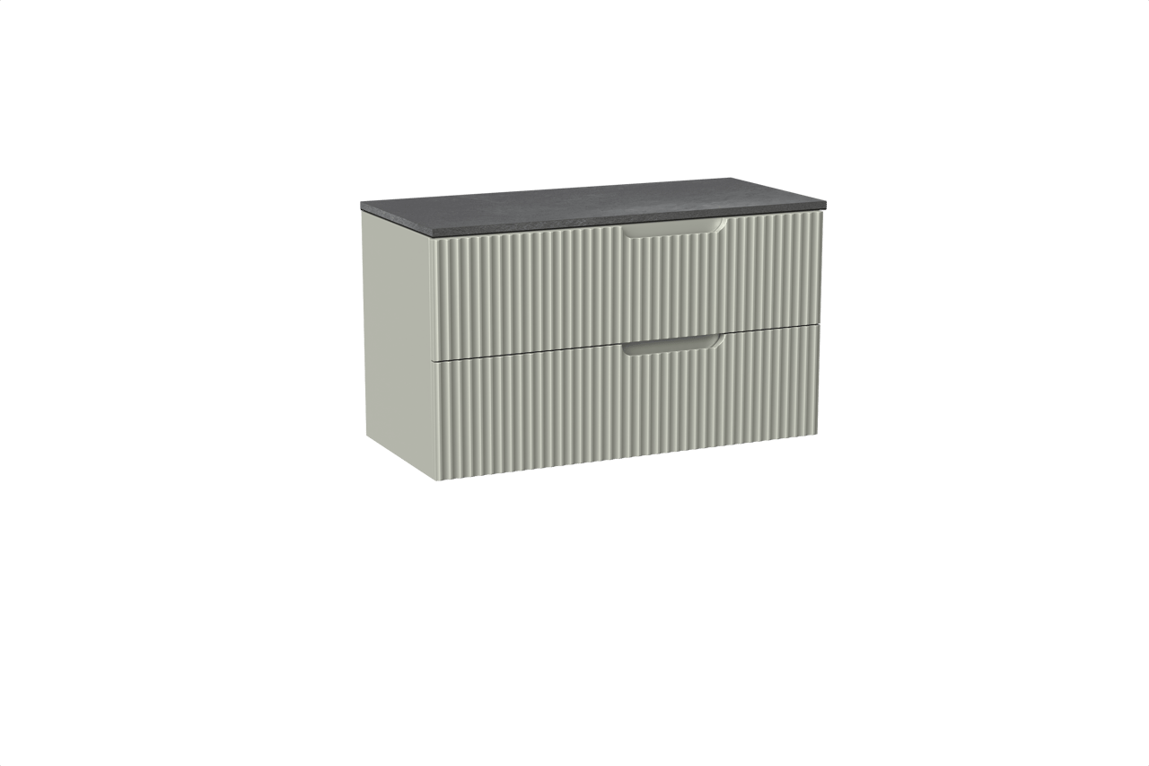 Linie Ribbo zwevend badkamermeubel 100 x 46 cm greige met Lado enkel of dubbel tablet in melamine leisteen grijs, Verticale symmetrische ronde ribbel